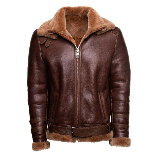 Brown Aviator Bomber Shearling Jacket with Waist Belt – Vintage Pilot Style