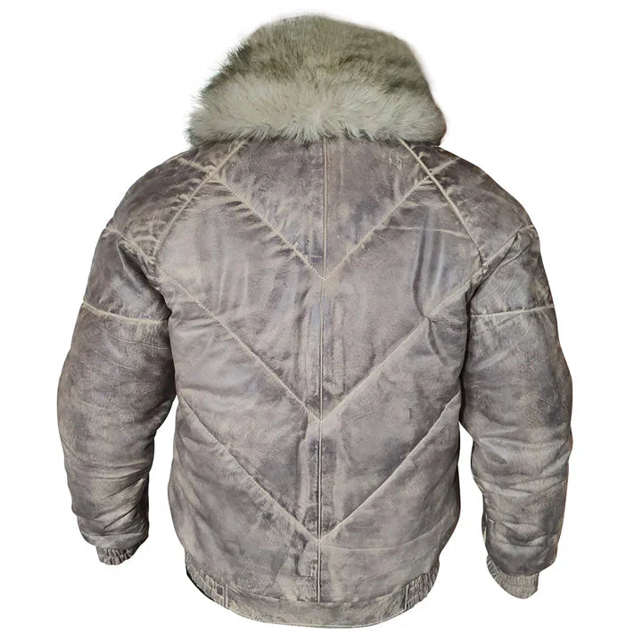 V-Bomber Leather Puffer Jacket with White Fox Fur Collar – Winter Luxury
