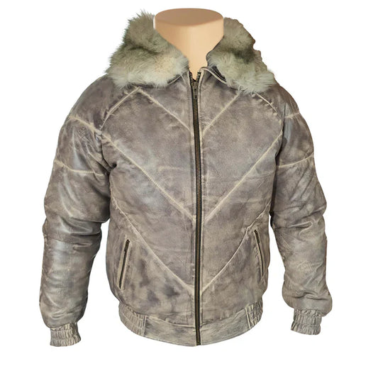V-Bomber Leather Puffer Jacket with White Fox Fur Collar – Winter Luxury