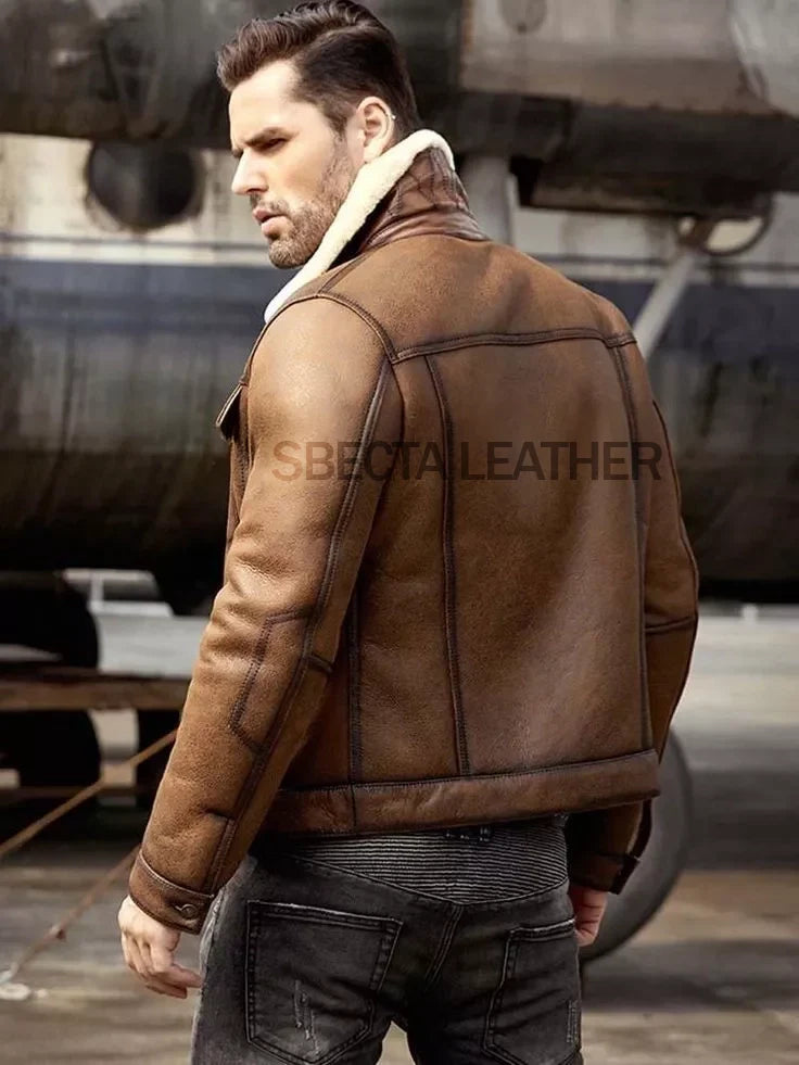 Men Denim Style Shearling Fur Soft Sheep Skin Leather Jacket, Faux Fur lining
