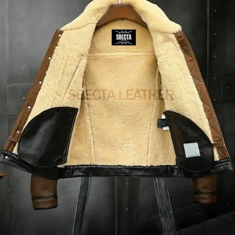 Men Denim Style Shearling Fur Soft Sheep Skin Leather Jacket, Faux Fur lining