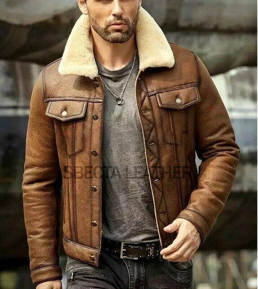 Men Denim Style Shearling Fur Soft Sheep Skin Leather Jacket, Faux Fur lining