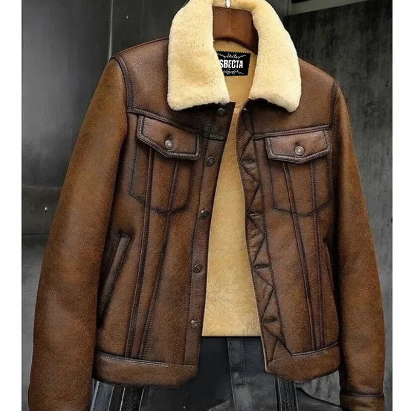 Men Denim Style Shearling Fur Soft Sheep Skin Leather Jacket, Faux Fur lining